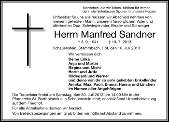 Traueranzeige von Manfred Sandner von Frankenpost