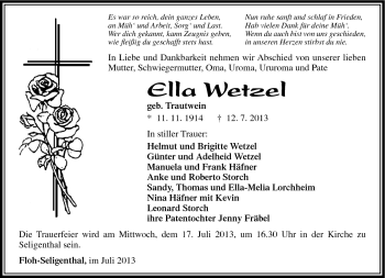 Traueranzeige von Ella Wetzel von Südthüringer Presse