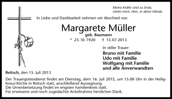 Traueranzeige von Margarete Müller von Neue Presse Coburg