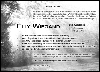 Traueranzeige von Elly Wiegand von Südthüringer Presse
