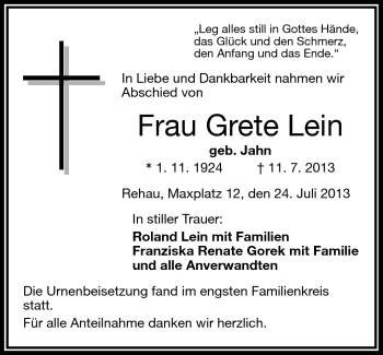 Traueranzeige von Grete Lein von Frankenpost