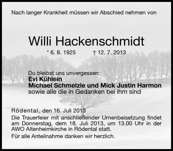 Traueranzeige von Willi Hackenschmidt von Neue Presse Coburg