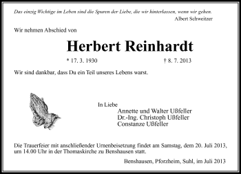 Traueranzeige von Herbert Reinhardt von Südthüringer Presse
