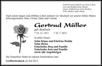 Traueranzeige von Gertrud Müller von Südthüringer Presse