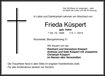 Traueranzeige von Frieda Küspert von Frankenpost