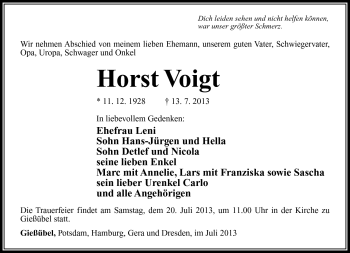 Traueranzeige von Horst Voigt von Südthüringer Presse