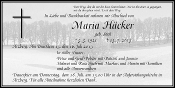 Traueranzeige von Maria Häcker von Frankenpost