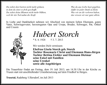 Traueranzeige von Hubert Storch von Südthüringer Presse