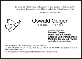 Traueranzeige von Oswald Geiger von Neue Presse Coburg