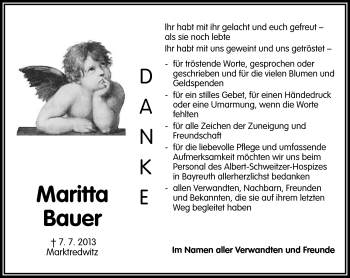 Traueranzeige von Maritta Bauer von Frankenpost