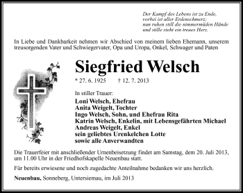 Traueranzeige von Siegfried Welsch von Südthüringer Presse