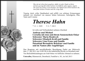 Traueranzeige von Therese Hahn von Südthüringer Presse