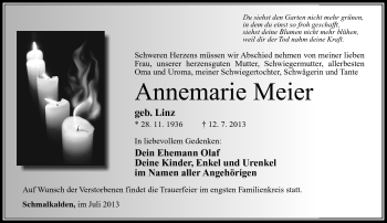 Traueranzeige von Annemarie Meier von Südthüringer Presse