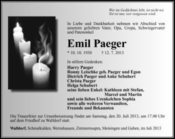 Traueranzeige von Emil Paeger von Südthüringer Presse