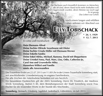 Traueranzeige von Elly Tobischack von Südthüringer Presse