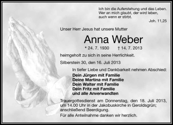 Traueranzeige von Anna Weber von Frankenpost