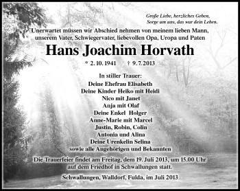 Traueranzeige von Hans Joachim Horvath von Südthüringer Presse