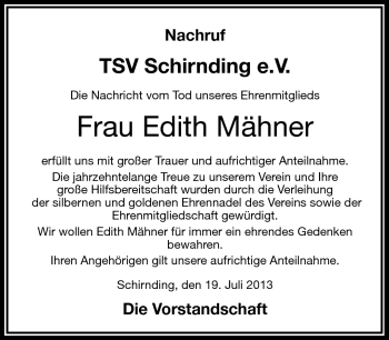 Traueranzeige von Edith Mähner von Frankenpost