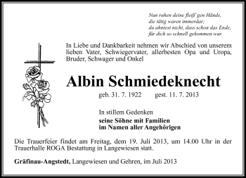 Traueranzeige von Albin Schmiedeknecht von Südthüringer Presse