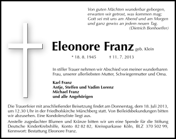 Traueranzeige von Eleonore Franz von Frankenpost
