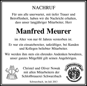Traueranzeige von Manfred Meurer von Südthüringer Presse