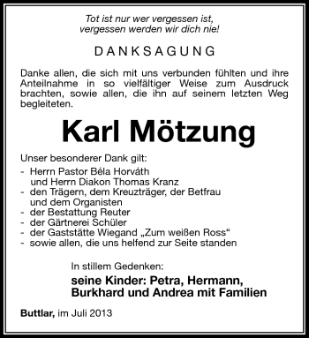 Traueranzeige von Karl Mötzung von Südthüringer Presse