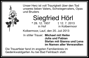 Traueranzeige von Siegfried Hörl von Frankenpost