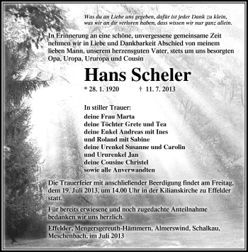 Traueranzeige von Hans Scheler von Südthüringer Presse