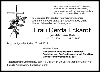 Traueranzeige von Gerda Eckardt von Frankenpost