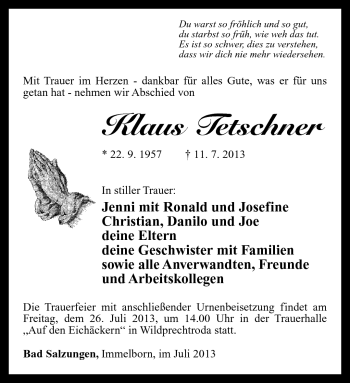 Traueranzeige von Klaus Tetschner von Südthüringer Presse