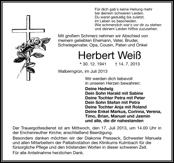 Traueranzeige von Herbert Weiß von Frankenpost