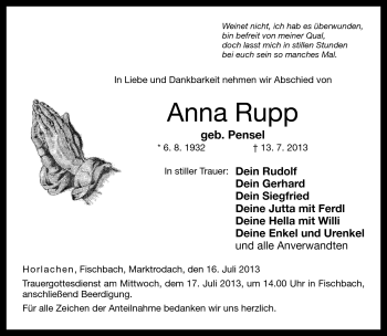 Traueranzeige von Anna Rupp von Neue Presse Coburg