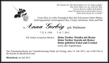 Traueranzeige von Anna Gerbig von Südthüringer Presse