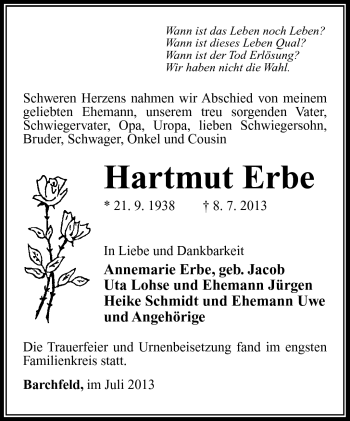 Traueranzeige von Hartmut Erbe von Südthüringer Presse