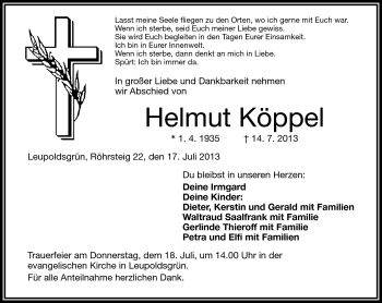Traueranzeige von Helmut Köppel von Frankenpost