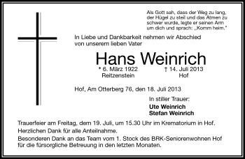 Traueranzeige von Hans Weinrich von Frankenpost