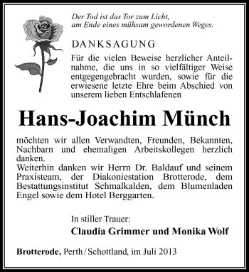Traueranzeige von Hans-Joachim Münch von Südthüringer Presse