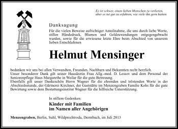 Traueranzeige von Helmut Mensinger von Südthüringer Presse