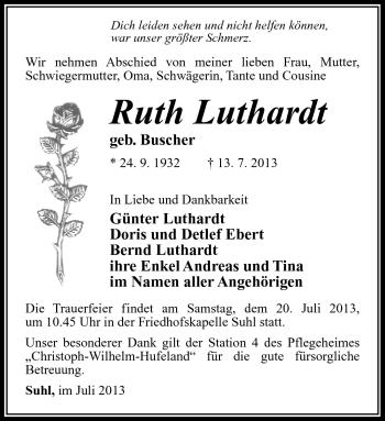 Traueranzeige von Ruth Luthardt von Südthüringer Presse