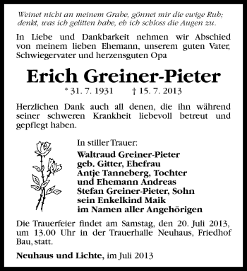 Traueranzeige von Erich Greiner-Pieter von Südthüringer Presse