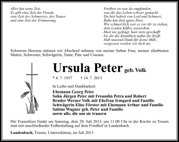 Traueranzeige von Ursula Peter von Südthüringer Presse