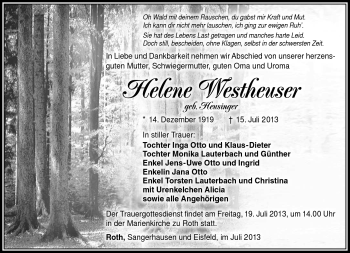 Traueranzeige von Helene Westheuser von Südthüringer Presse