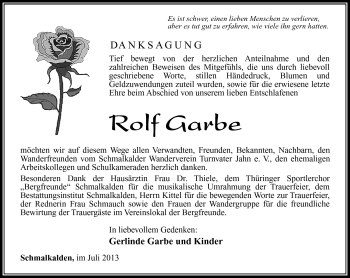 Traueranzeige von Rolf Garbe von Südthüringer Presse