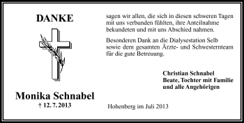 Traueranzeige von Monika Schnabel von Frankenpost