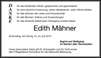 Traueranzeige von Edith Mähner von Frankenpost