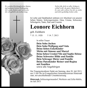 Traueranzeige von Leonore Eichhorn von Südthüringer Presse