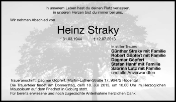 Traueranzeige von Heinz Straky von Neue Presse Coburg