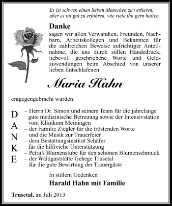 Traueranzeige von Maria Hahn von Südthüringer Presse