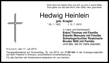 Traueranzeige von Hedwig Heinlein von Neue Presse Coburg