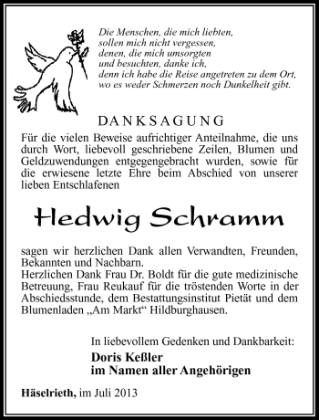 Traueranzeige von Hedwig Schramm von Südthüringer Presse